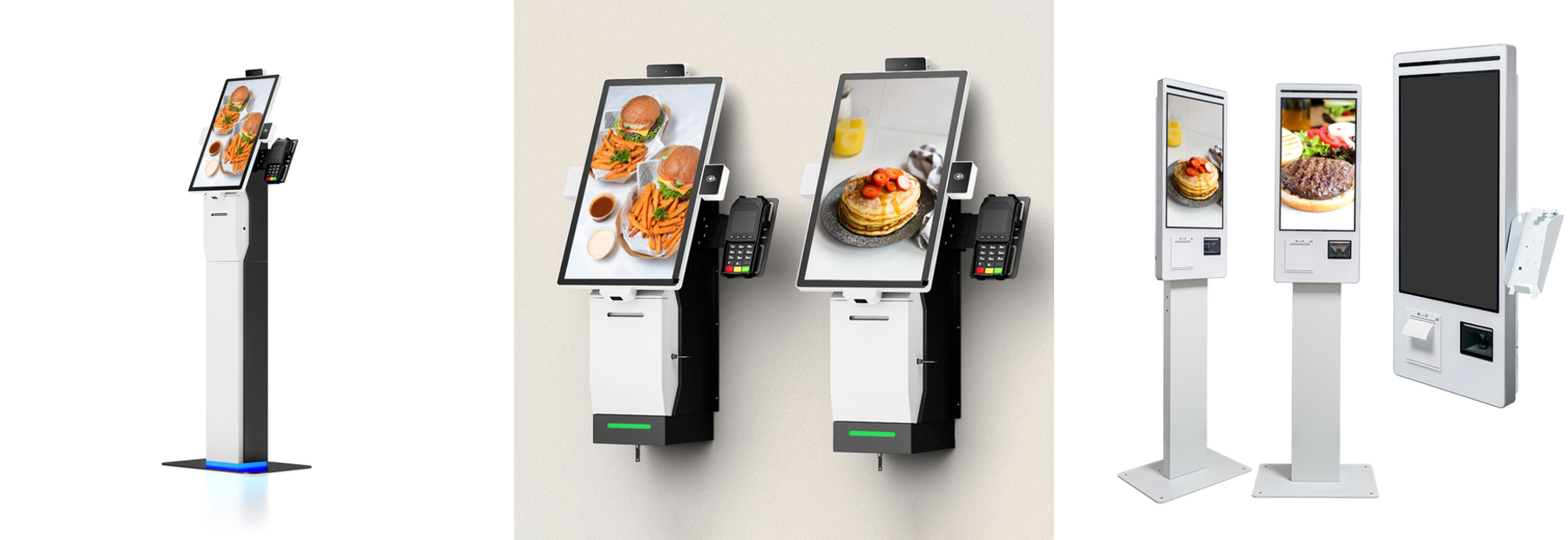 SOT.KIOSK Geräte: Standgeräte, Wandmontage und Payment-Terminal nebeneinander