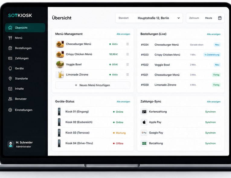 SOTKIOSK Backoffice Dashboard mit Menü-Management, Bestellungen, Gerätestatus und Zahlungs-Sync